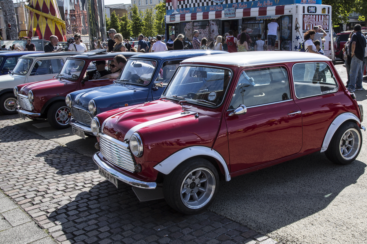 Classic Mini cars on display in Cardiff Bay