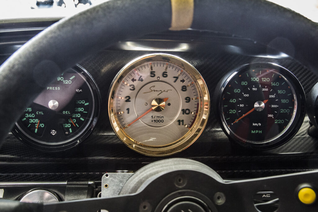 Gold plated tachometer for the Reimagined Porsche 911 from Singer Vehicle Design