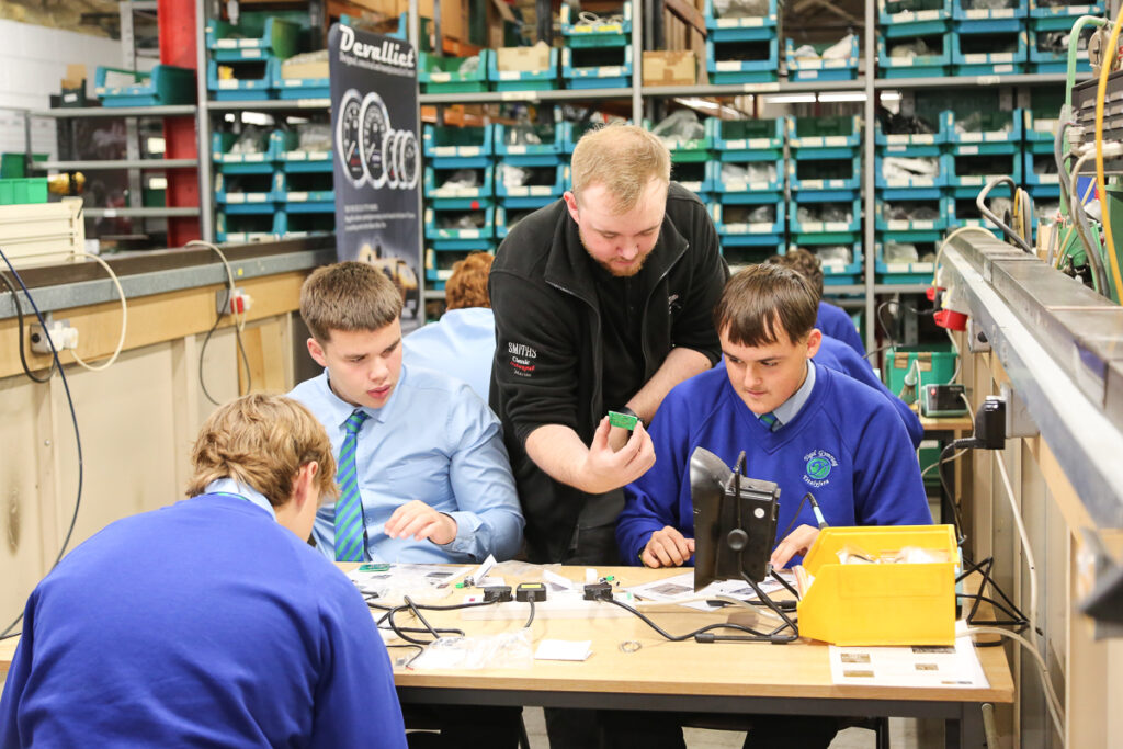 Students from Ysgol Gymraeg Ystalyfera Bro Dur at Caerbont Automotive Instruments for National Manufacturing Day 2025